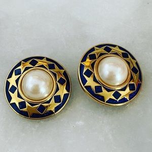 Vintage clip-on earrings Gold pearls blue stars